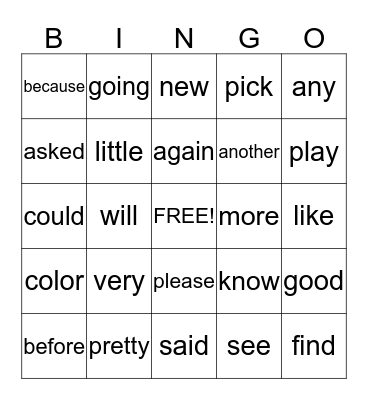 Sight Word Bingo Card