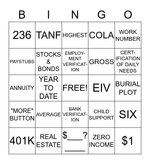 Income Verification Bingo Card