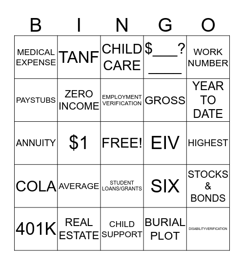 Income Verification 2 Bingo Card