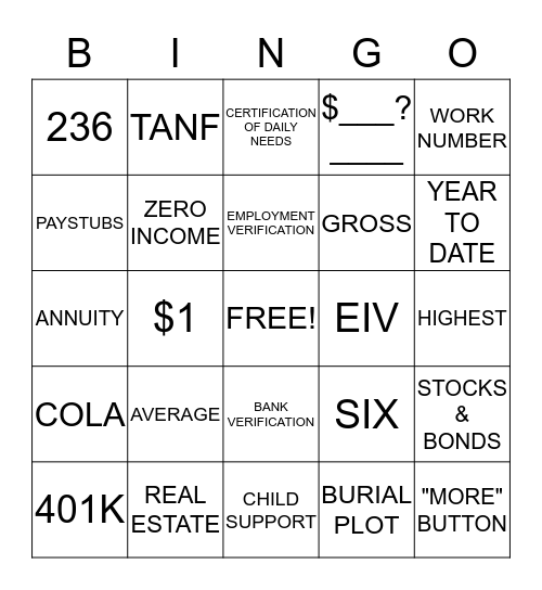 Income Verification 3 Bingo Card
