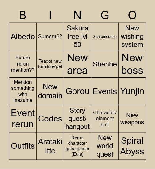 Genshin 2.3 bingo Card
