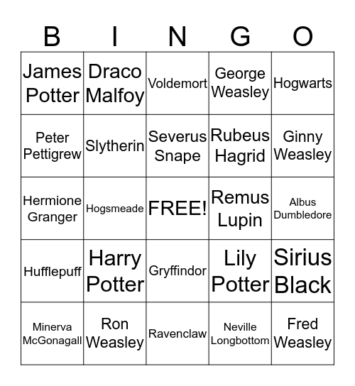 Harry Potter and the Prisoner of Azkaban Bingo Card
