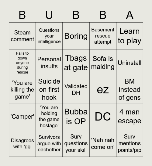 Bubba's Bingo Card