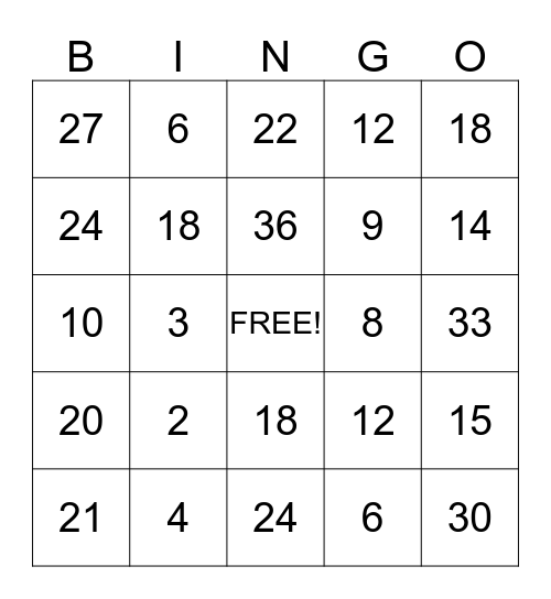 Multiplication Bingo 2s and 3s Bingo Card