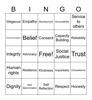 Social Work Values Bingo Card