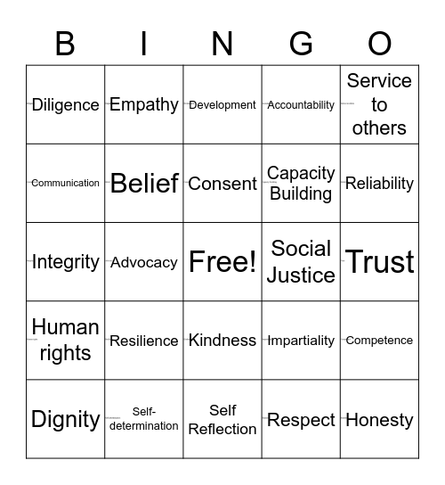 Social Work Values Bingo Card