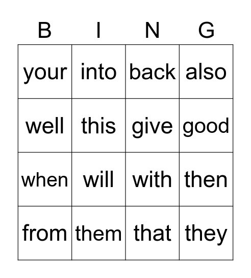 Words I Know Bingo Card