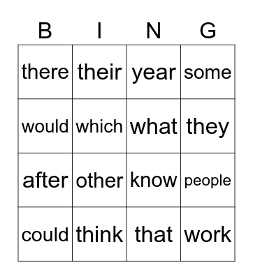 Words I Know Bingo Card