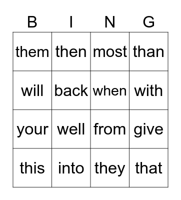 Words I Know Bingo Card