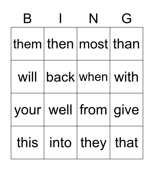 Words I Know Bingo Card