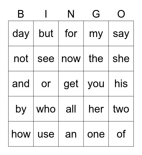 Words I Know Bingo Card