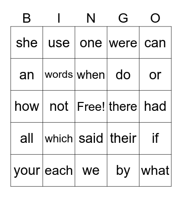 Sight Words Bingo Card