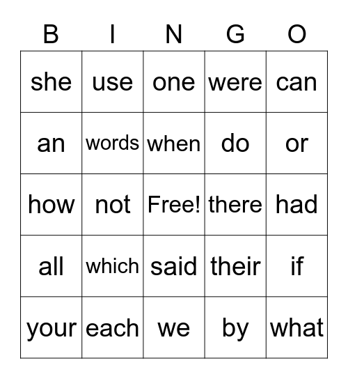 Sight Words Bingo Card