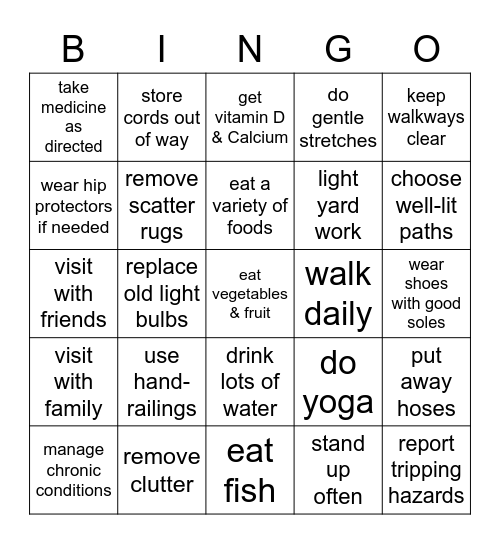 Fall Prevention Bingo Card