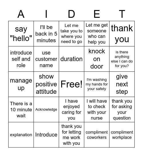 AIDET Bingo Card