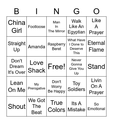 80's MUSIC Bingo Card