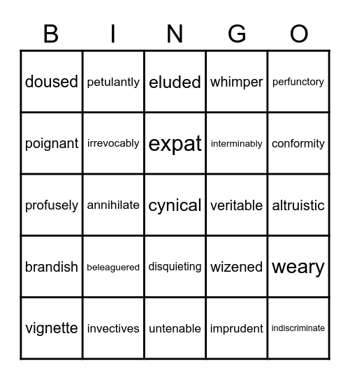 Night Vocabulary 1 - 9 Bingo Card