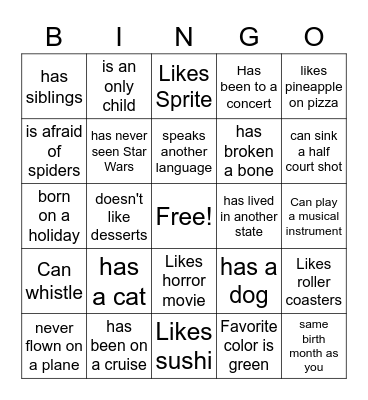 Getting to Know Your Classmates Bingo Card