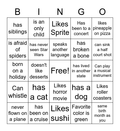 Getting to Know Your Classmates Bingo Card