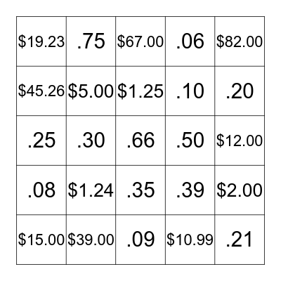 Money Quantities Bingo Card