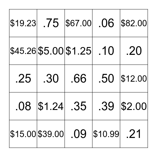 Money Quantities Bingo Card