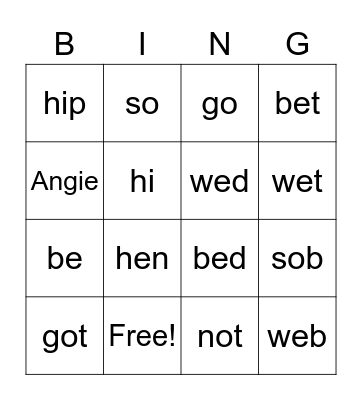 Open Closed Syllable Bingo Card