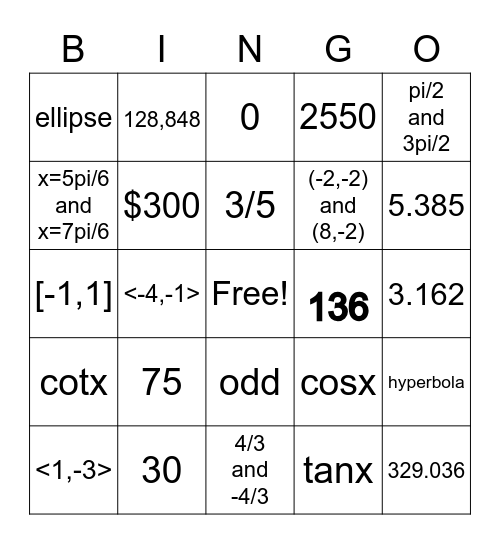 Pre Calc. Final Exam Review Bingo Card