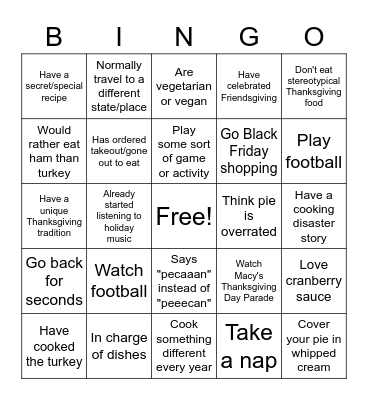 UHC BA CoE Thanksgiving Bingo Card