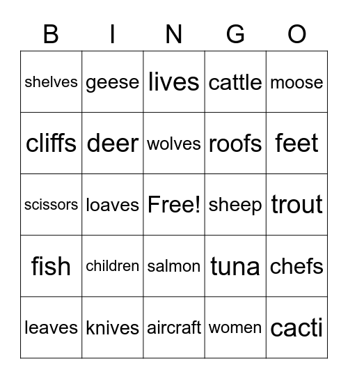 Irregular Plurals Bingo Card