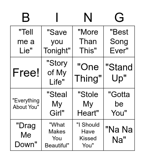 One Direction Bingo Card