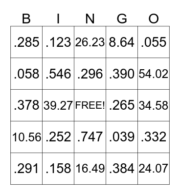 decimal multiplication Bingo Card