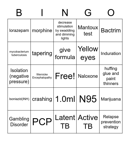 TB and Addictions Bingo Card