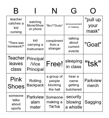 School Bingo Card