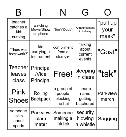 School Bingo Card