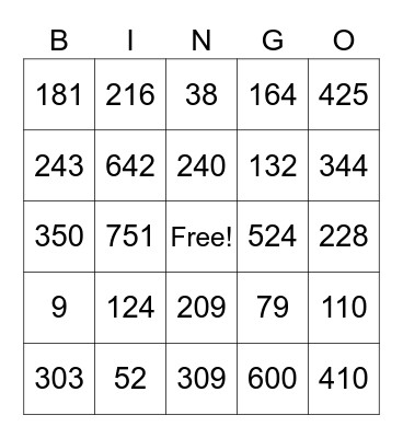 Place Value Bingo Card