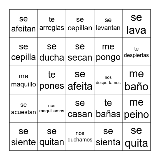 Los Verbos Reflexivos Bingo Card