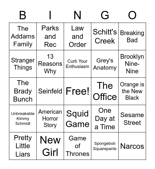 TV Themes Bingo Card