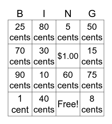 Counting Coins Bingo Card