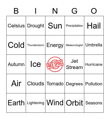 Weather...Remember to contact the BINGO BASE as soon as you BINGO either HORIZONTALLY, VERTICALLY or DIAGONALLY!!!! GOOD LUCK!!! Bingo Card