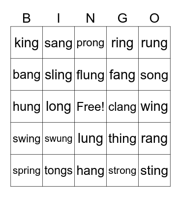 ang, ing, ong, ung, Bingo Card