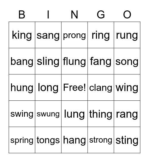 ang, ing, ong, ung, Bingo Card