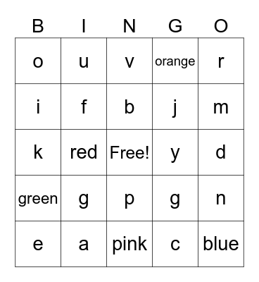 Colors and letters Bingo Card