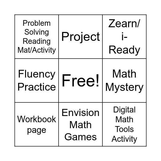 Math Choice Board Bingo Card