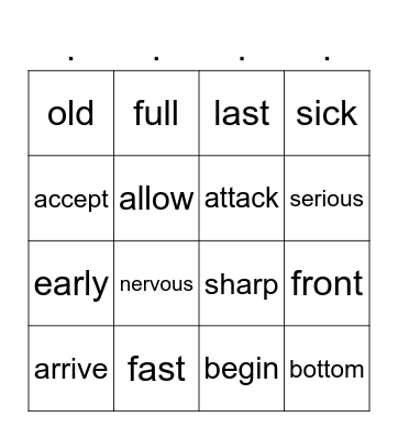 Antonym Bingo Card
