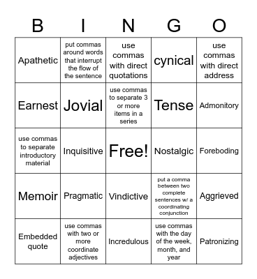 Tone Quiz #2 Bingo Card