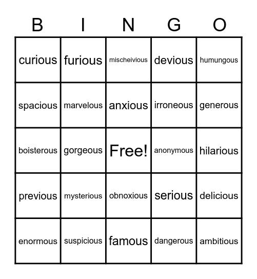 -OUS Words Bingo Card