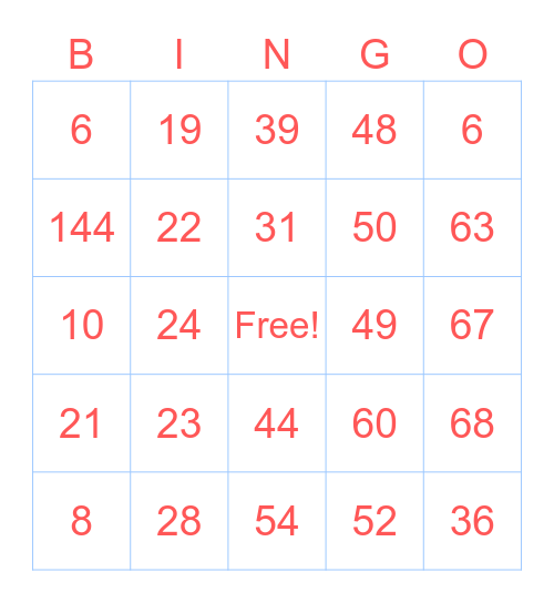 MULTIPLICATION Bingo Card