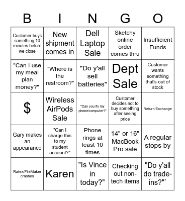 Computer Shop Bingo Card