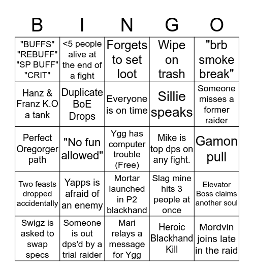 Raid bingo Card