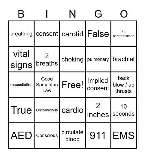 First Aid Test Review Bingo Card